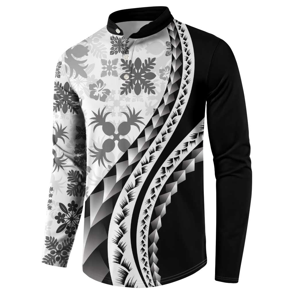 Black Hawaiian Quilt Pattern Button Sweatshirt Mixed Polynesian Tribal Arty LT9 - Polynesian Pride