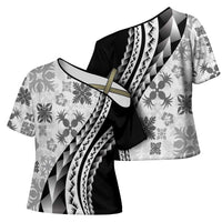 Black Hawaiian Quilt Pattern Cross Shoulder Shirt Mixed Polynesian Tribal Arty LT9 - Polynesian Pride