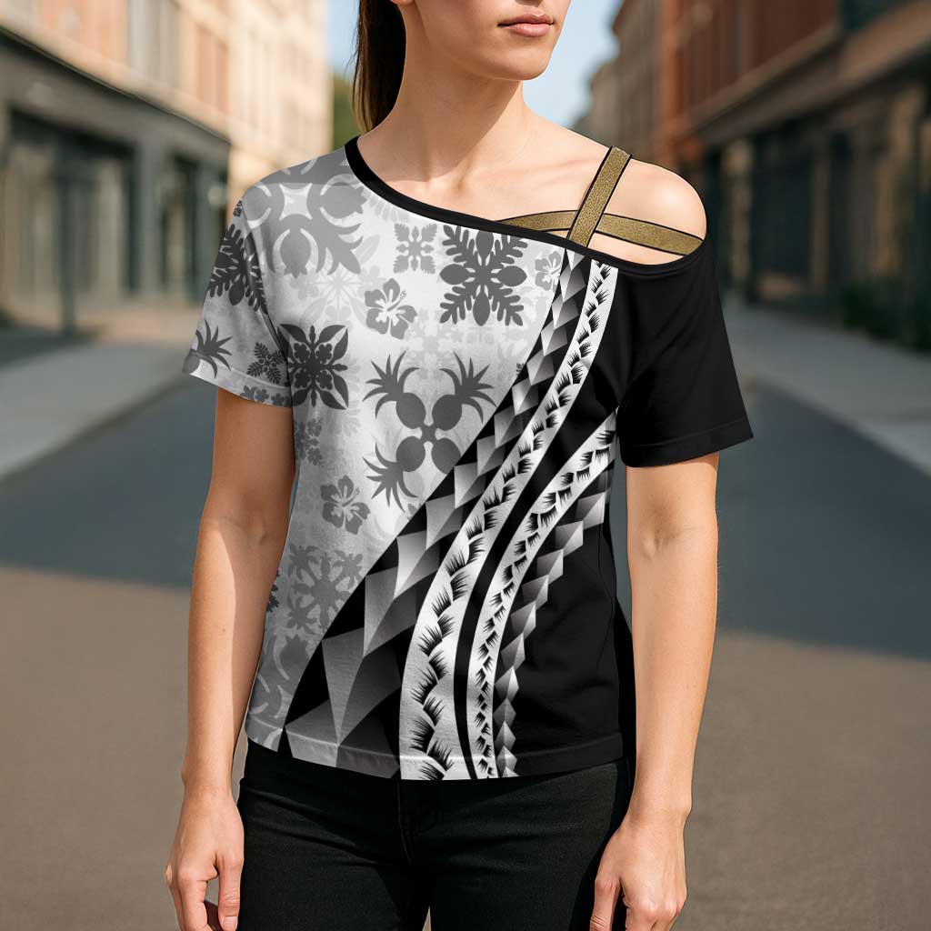 Black Hawaiian Quilt Pattern Cross Shoulder Shirt Mixed Polynesian Tribal Arty LT9 - Polynesian Pride