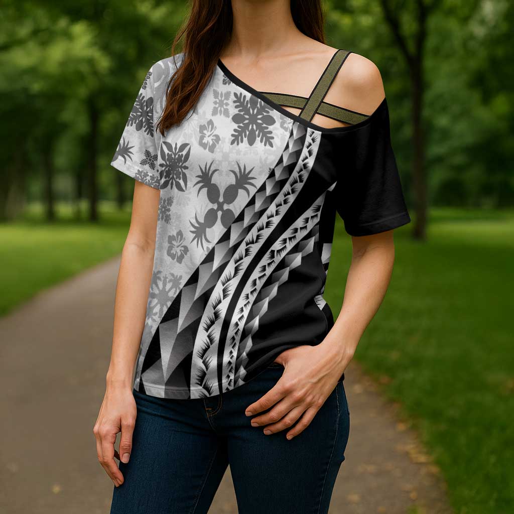 Black Hawaiian Quilt Pattern Cross Shoulder Shirt Mixed Polynesian Tribal Arty LT9 - Polynesian Pride