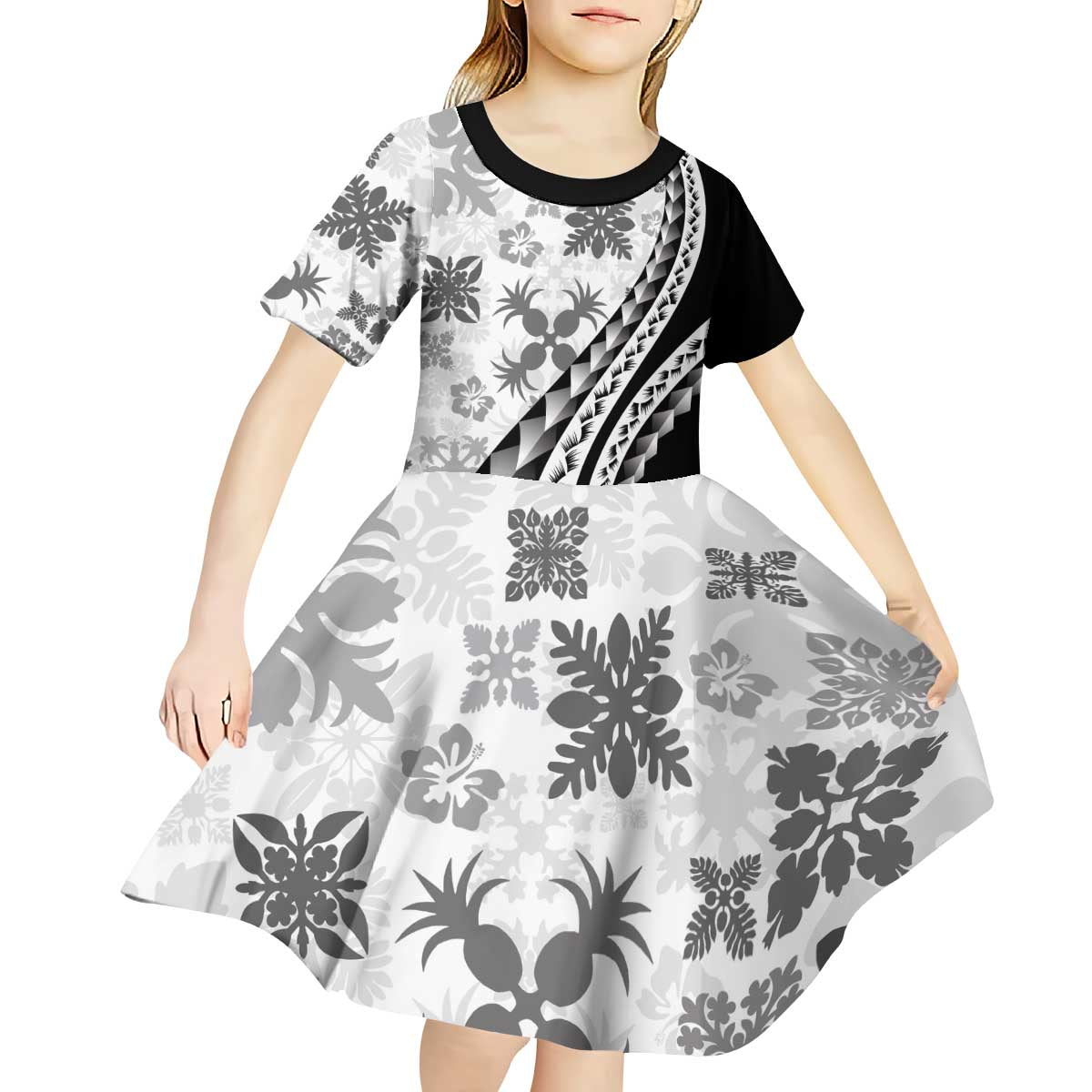 Black Hawaiian Quilt Pattern Kid Short Sleeve Dress Mixed Polynesian Tribal Arty LT9 - Polynesian Pride
