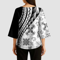 Black Hawaiian Quilt Pattern Kimono Sleeve Blouse Mixed Polynesian Tribal Arty LT9 - Polynesian Pride