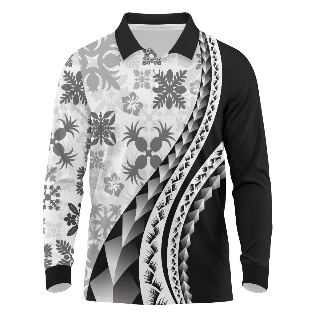 Black Hawaiian Quilt Pattern Long Sleeve Polo Shirt Mixed Polynesian Tribal Arty LT9 Black - Polynesian Pride
