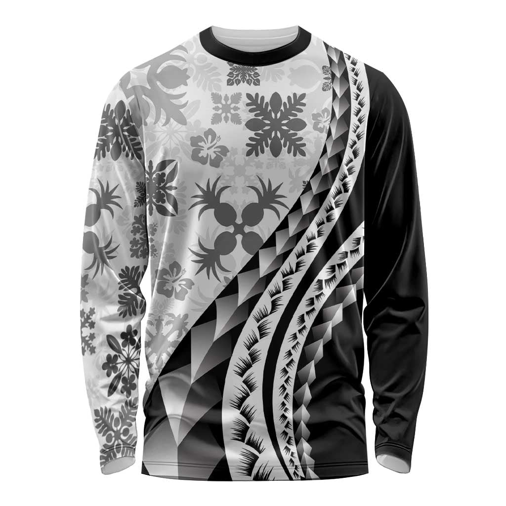 Black Hawaiian Quilt Pattern Long Sleeve Shirt Mixed Polynesian Tribal Arty LT9 Unisex Black - Polynesian Pride