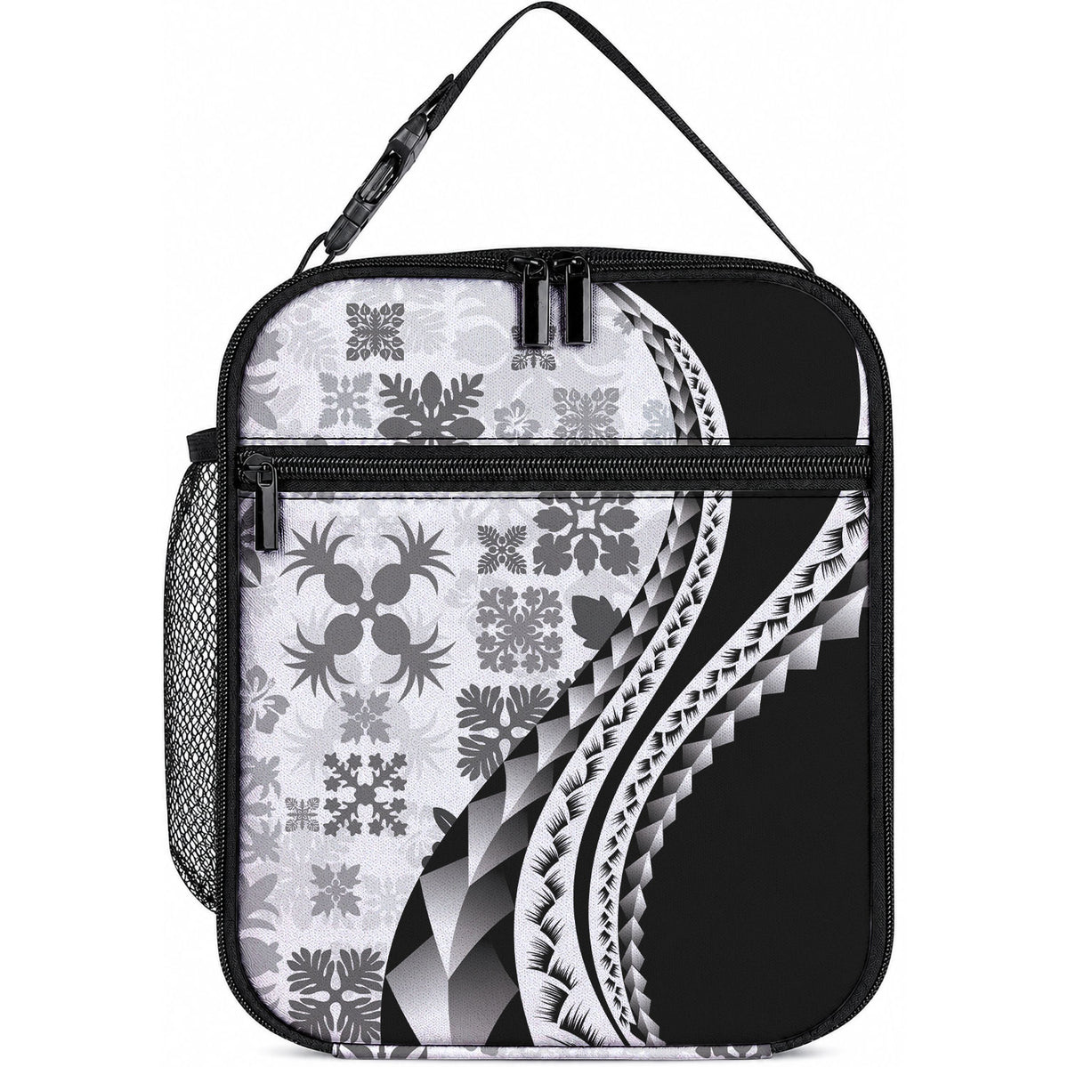 Black Hawaiian Quilt Pattern Lunch Bag Mixed Polynesian Tribal Arty LT9 10.2 × 8.3 × 4.3 inch Black - Polynesian Pride