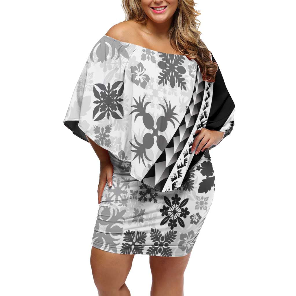 Black Hawaiian Quilt Pattern Off Shoulder Short Dress Mixed Polynesian Tribal Arty LT9 Women Black - Polynesian Pride
