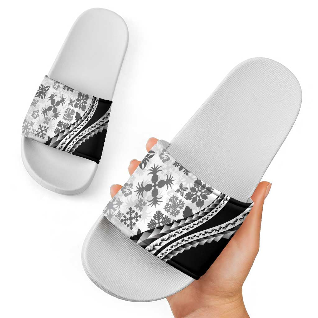 Black Hawaiian Quilt Pattern Slide Sandals Mixed Polynesian Tribal Arty LT9 - Polynesian Pride