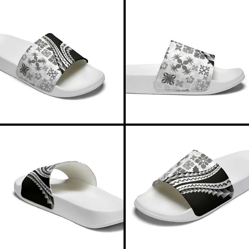 Black Hawaiian Quilt Pattern Slide Sandals Mixed Polynesian Tribal Arty LT9 - Polynesian Pride