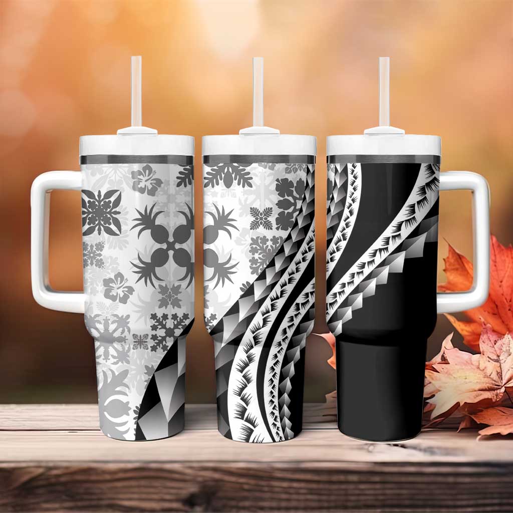 Black Hawaiian Quilt Pattern Tumbler With Handle Mixed Polynesian Tribal Arty LT9 - Polynesian Pride