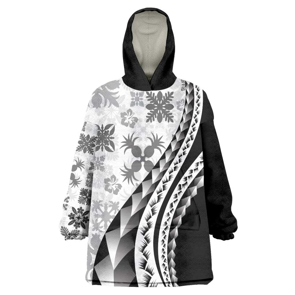 Black Hawaiian Quilt Pattern Wearable Blanket Hoodie Mixed Polynesian Tribal Arty LT9 One Size Black - Polynesian Pride