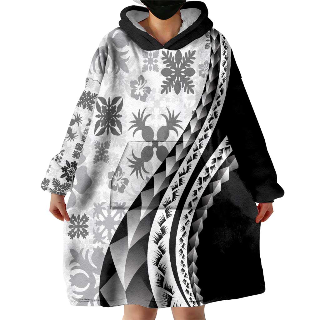 Black Hawaiian Quilt Pattern Wearable Blanket Hoodie Mixed Polynesian Tribal Arty LT9 - Polynesian Pride