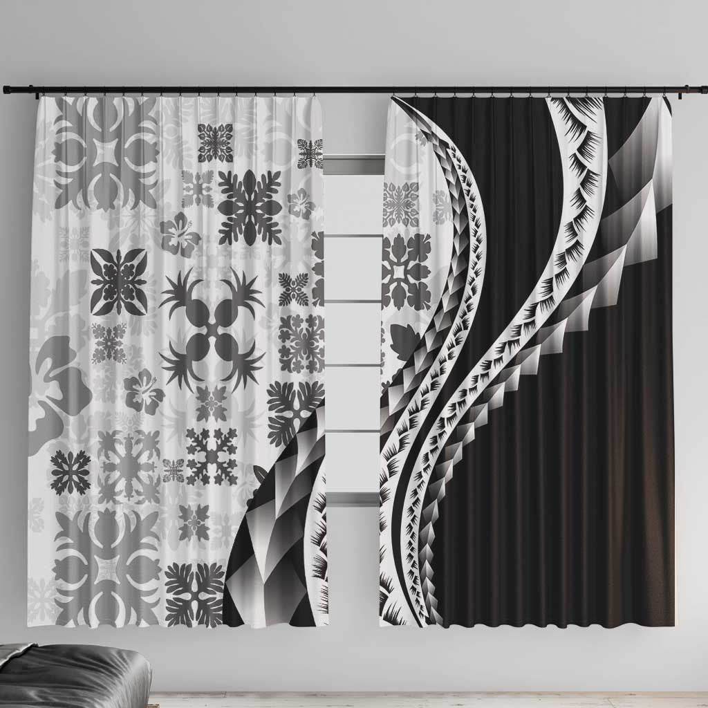 Black Hawaiian Quilt Pattern Window Curtain Mixed Polynesian Tribal Arty LT9 With Hooks Black - Polynesian Pride