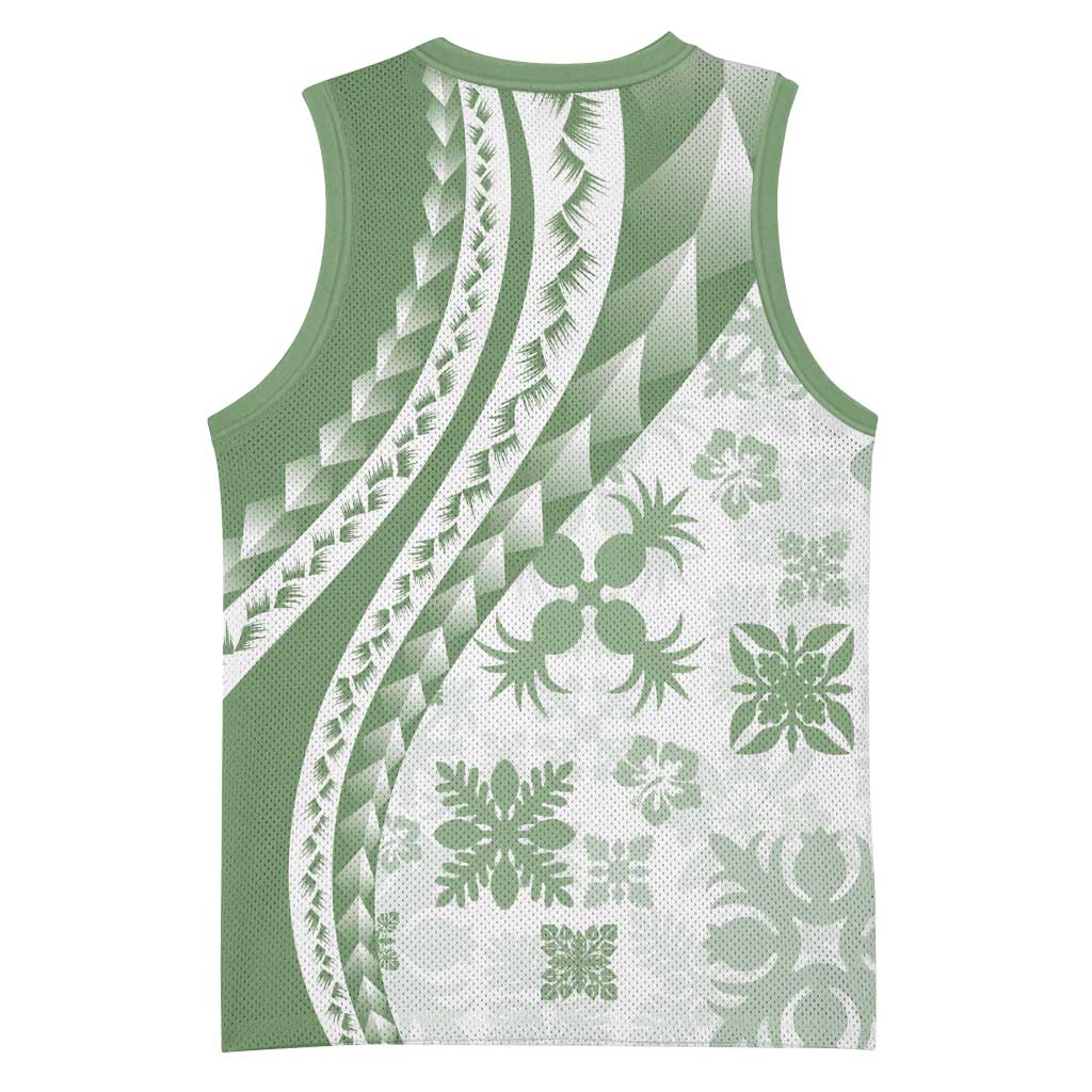 Green Hawaiian Quilt Pattern Basketball Jersey Mixed Polynesian Tribal Arty LT9 - Polynesian Pride