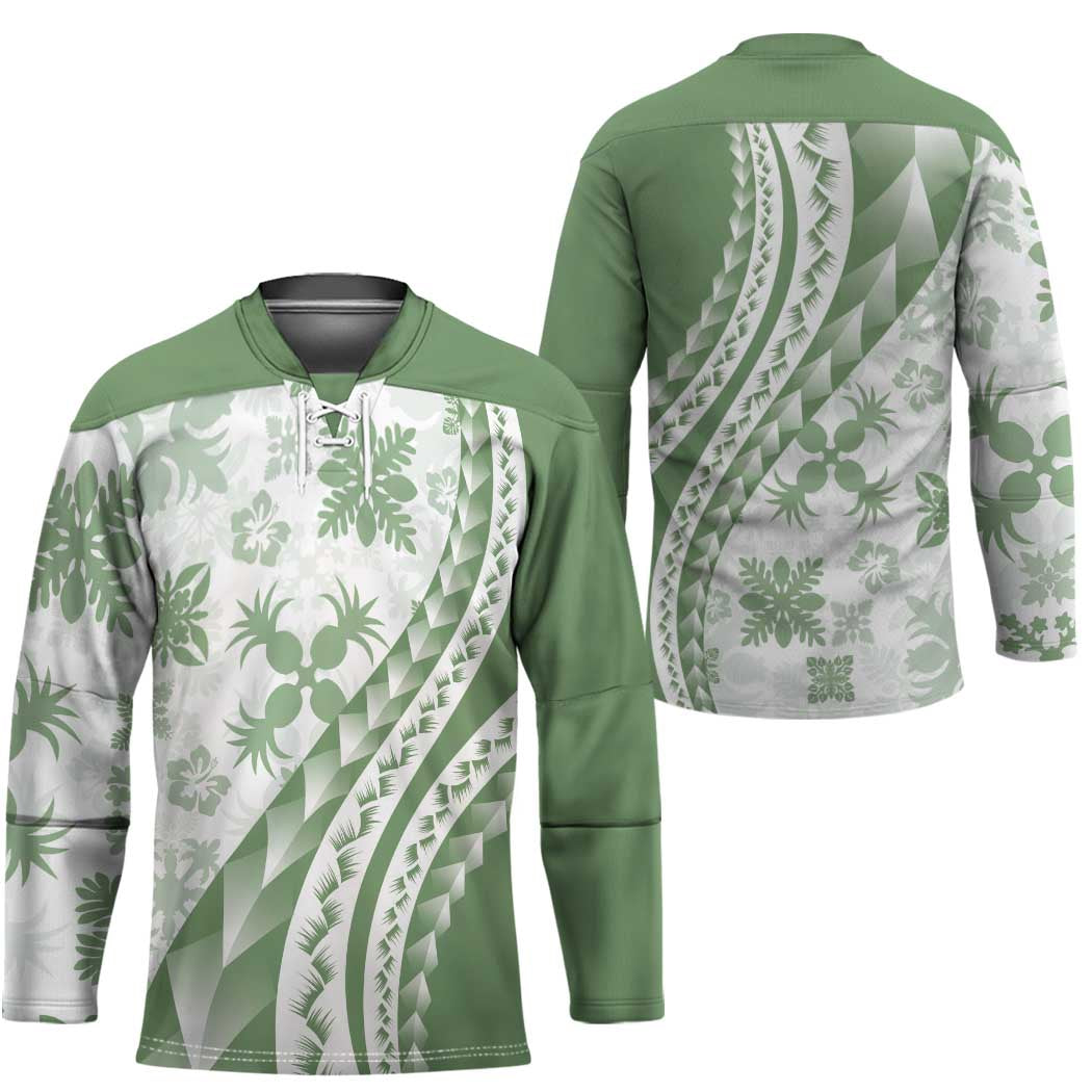 Green Hawaiian Quilt Pattern Hockey Jersey Mixed Polynesian Tribal Arty LT9 - Polynesian Pride