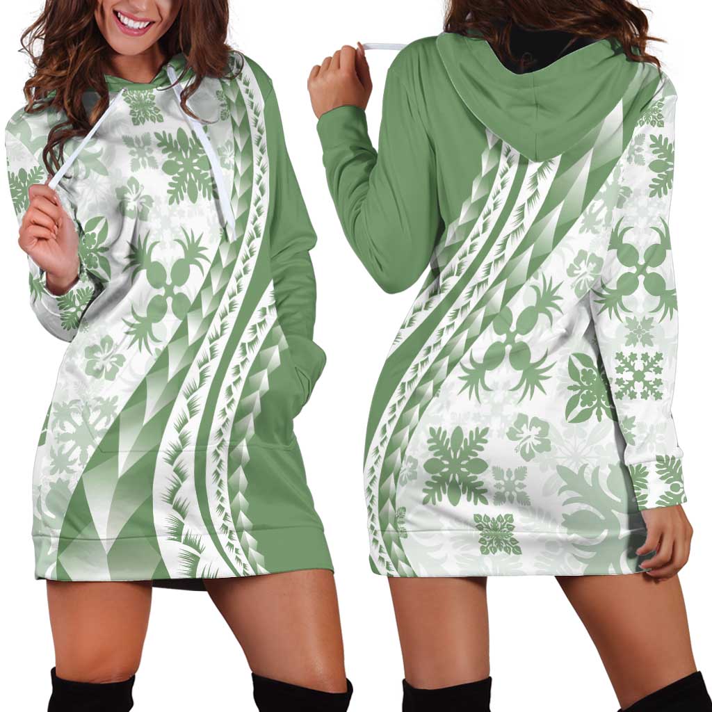 Green Hawaiian Quilt Pattern Hoodie Dress Mixed Polynesian Tribal Arty LT9 - Polynesian Pride