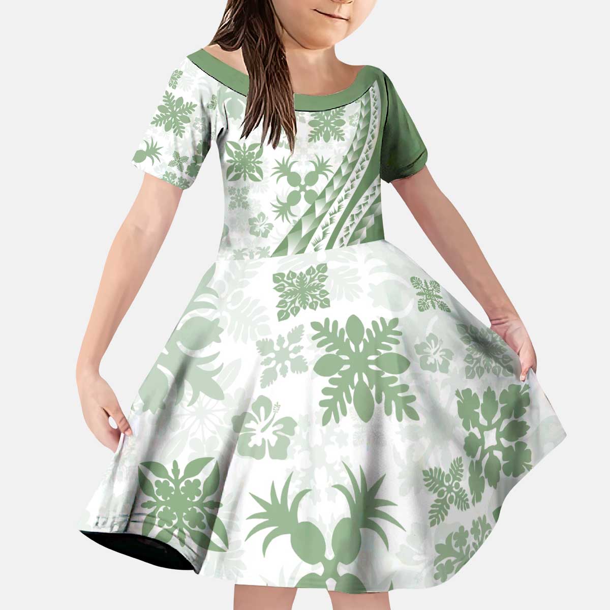 Green Hawaiian Quilt Pattern Kid Short Sleeve Dress Mixed Polynesian Tribal Arty LT9 KID Green - Polynesian Pride