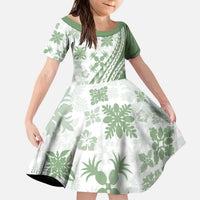 Green Hawaiian Quilt Pattern Kid Short Sleeve Dress Mixed Polynesian Tribal Arty LT9 KID Green - Polynesian Pride