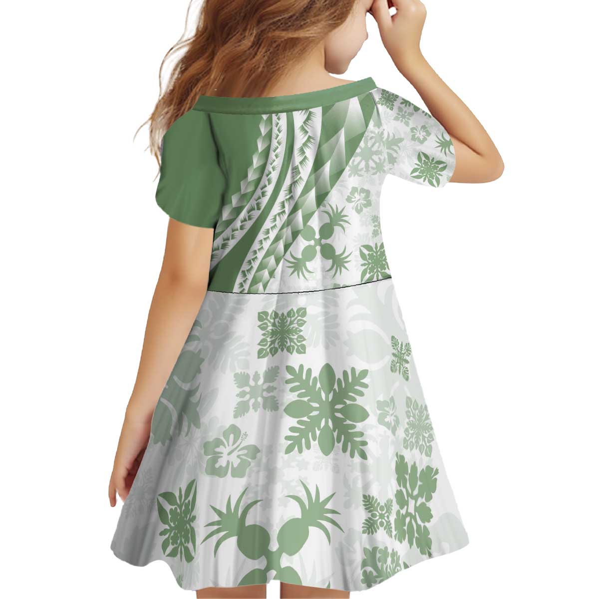 Green Hawaiian Quilt Pattern Kid Short Sleeve Dress Mixed Polynesian Tribal Arty LT9 - Polynesian Pride