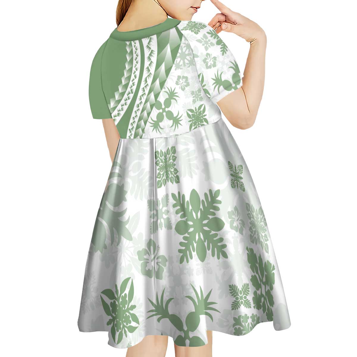 Green Hawaiian Quilt Pattern Kid Short Sleeve Dress Mixed Polynesian Tribal Arty LT9 - Polynesian Pride
