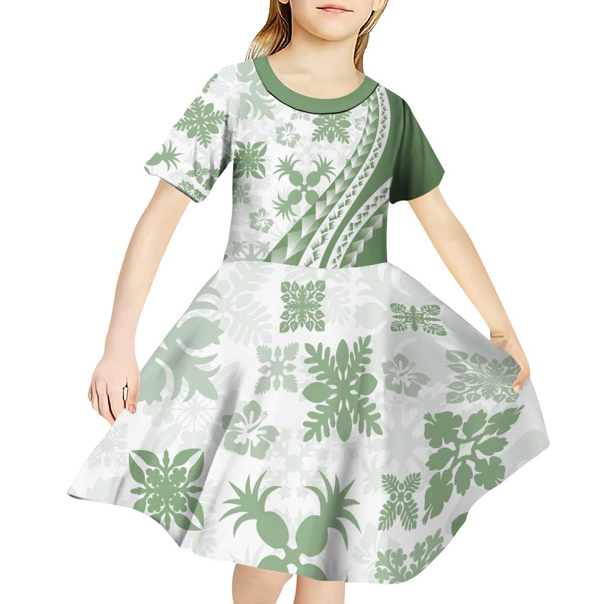 Green Hawaiian Quilt Pattern Kid Short Sleeve Dress Mixed Polynesian Tribal Arty LT9 - Polynesian Pride