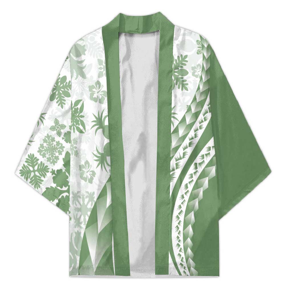 Green Hawaiian Quilt Pattern Kimono Mixed Polynesian Tribal Arty LT9 Unisex Green - Polynesian Pride