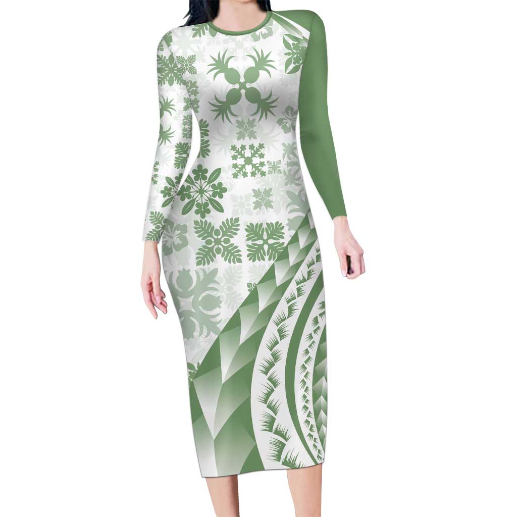 Green Hawaiian Quilt Pattern Long Sleeve Bodycon Dress Mixed Polynesian Tribal Arty LT9 Long Dress Green - Polynesian Pride