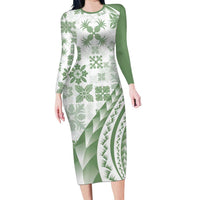 Green Hawaiian Quilt Pattern Long Sleeve Bodycon Dress Mixed Polynesian Tribal Arty LT9 Long Dress Green - Polynesian Pride