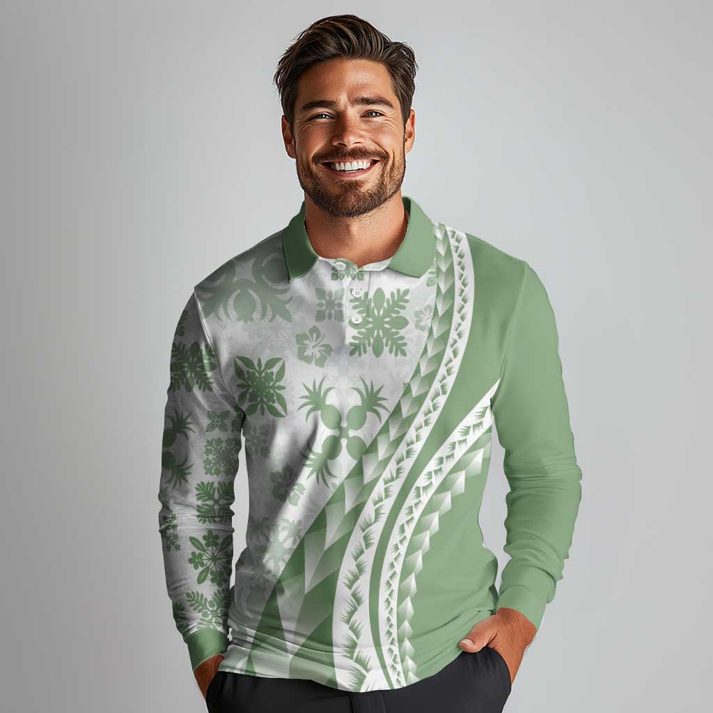 Green Hawaiian Quilt Pattern Long Sleeve Polo Shirt Mixed Polynesian Tribal Arty LT9 - Polynesian Pride