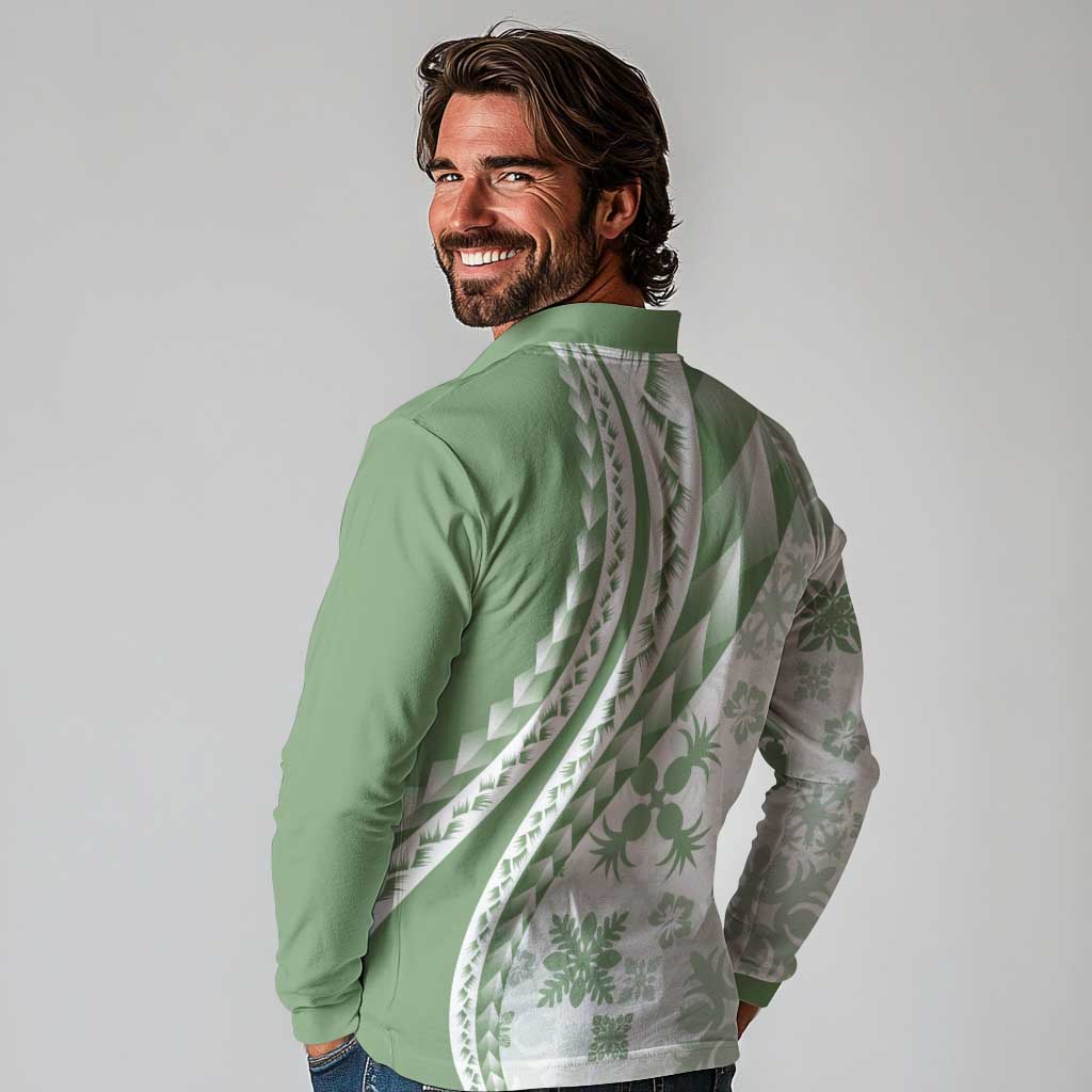 Green Hawaiian Quilt Pattern Long Sleeve Polo Shirt Mixed Polynesian Tribal Arty LT9 - Polynesian Pride
