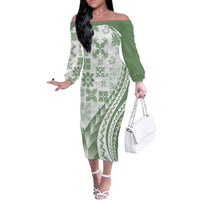 Green Hawaiian Quilt Pattern Off The Shoulder Long Sleeve Dress Mixed Polynesian Tribal Arty LT9 Women Green - Polynesian Pride