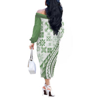 Green Hawaiian Quilt Pattern Off The Shoulder Long Sleeve Dress Mixed Polynesian Tribal Arty LT9 - Polynesian Pride