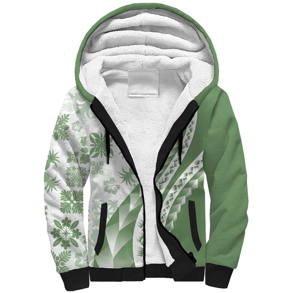 Green Hawaiian Quilt Pattern Sherpa Hoodie Mixed Polynesian Tribal Arty LT9 Unisex Green - Polynesian Pride