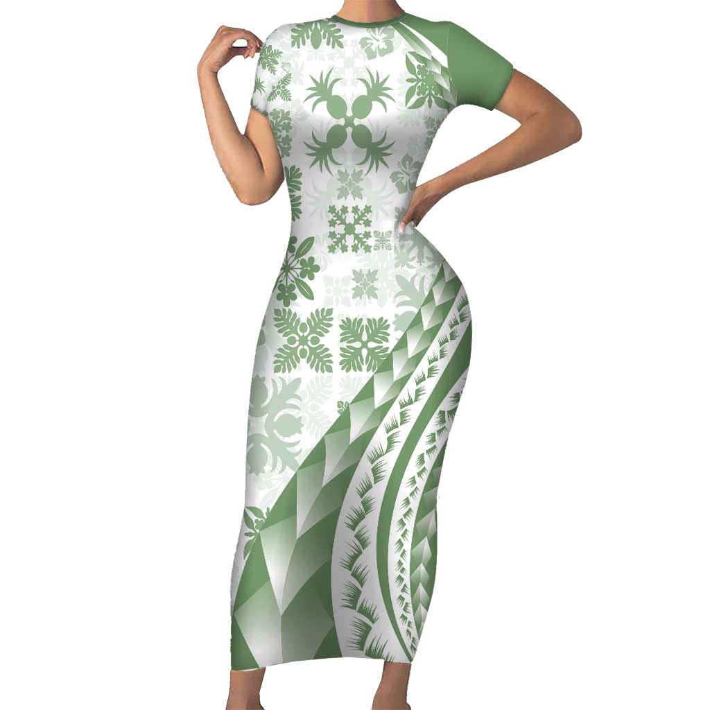 Green Hawaiian Quilt Pattern Short Sleeve Bodycon Dress Mixed Polynesian Tribal Arty LT9 Long Dress Green - Polynesian Pride