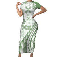 Green Hawaiian Quilt Pattern Short Sleeve Bodycon Dress Mixed Polynesian Tribal Arty LT9 Long Dress Green - Polynesian Pride