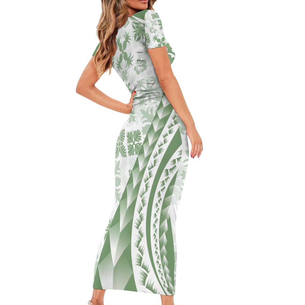 Green Hawaiian Quilt Pattern Short Sleeve Bodycon Dress Mixed Polynesian Tribal Arty LT9 - Polynesian Pride