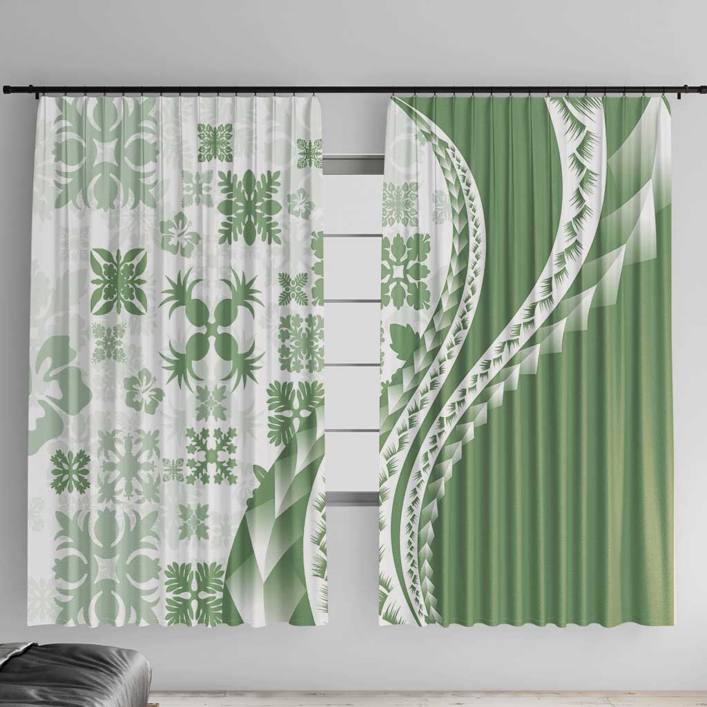 Green Hawaiian Quilt Pattern Window Curtain Mixed Polynesian Tribal Arty LT9 With Hooks Green - Polynesian Pride