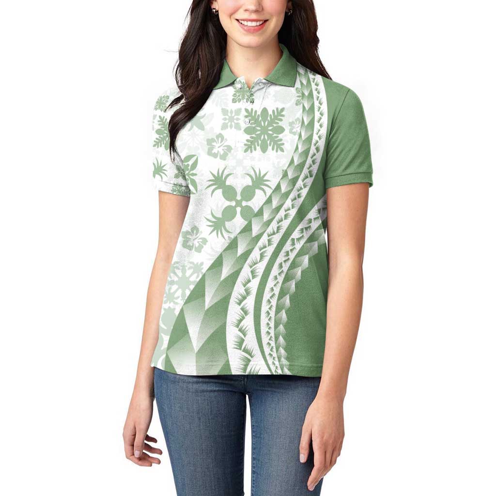 Green Hawaiian Quilt Pattern Women Polo Shirt Mixed Polynesian Tribal Arty LT9 - Polynesian Pride