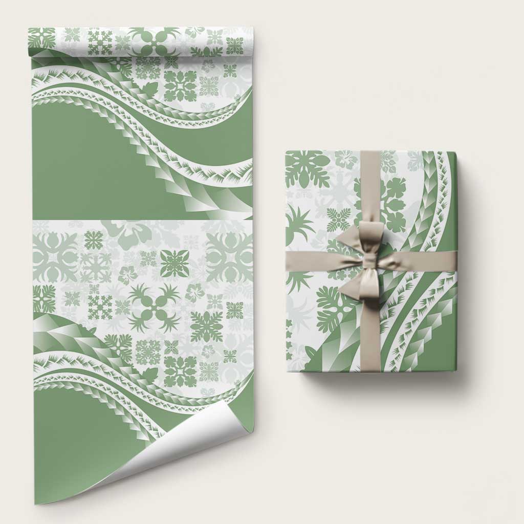 Green Hawaiian Quilt Pattern Wrapping Paper Mixed Polynesian Tribal Arty LT9 58" × 23" Green - Polynesian Pride