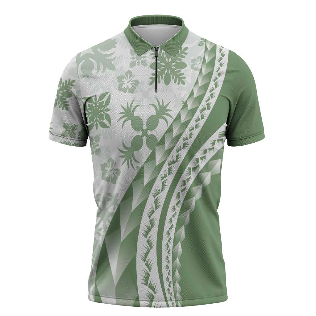 Green Hawaiian Quilt Pattern Zipper Polo Shirt Mixed Polynesian Tribal Arty LT9 Green - Polynesian Pride