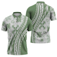 Green Hawaiian Quilt Pattern Zipper Polo Shirt Mixed Polynesian Tribal Arty LT9 - Polynesian Pride