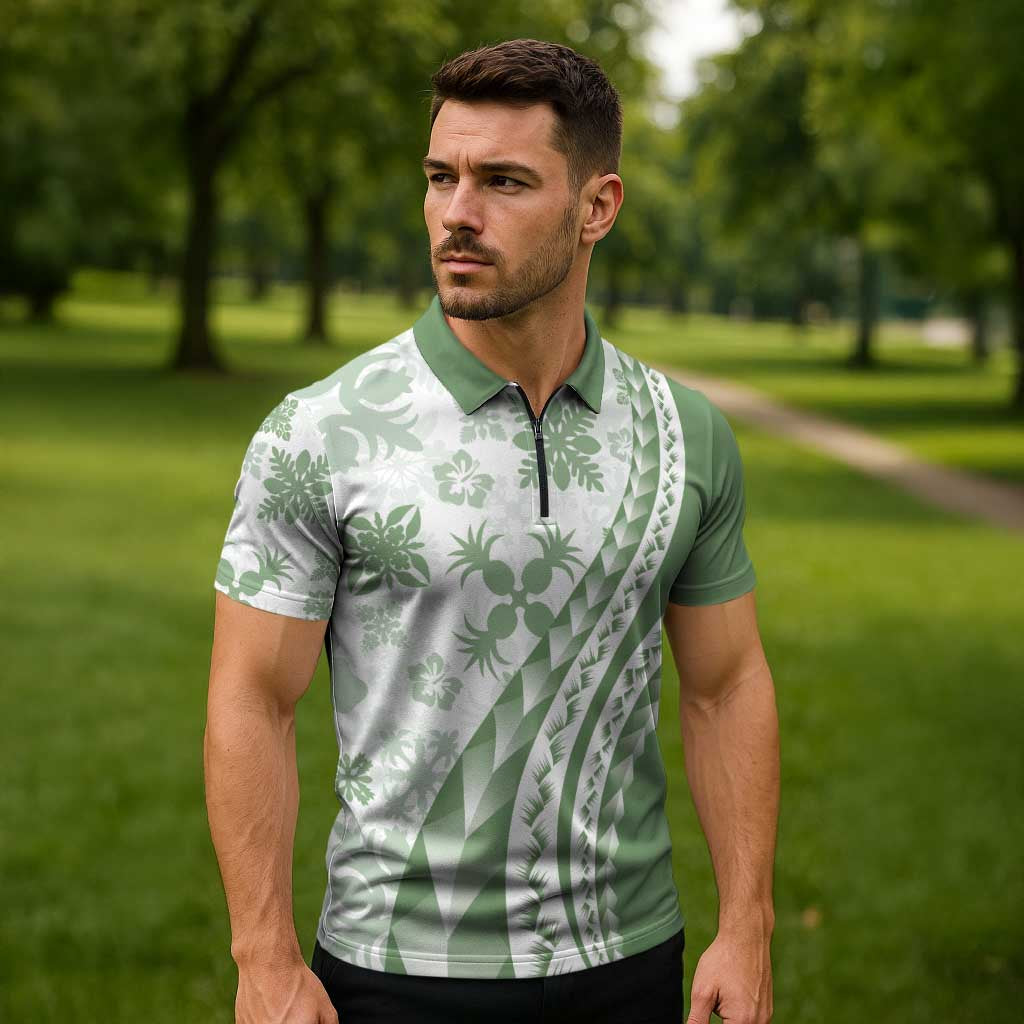 Green Hawaiian Quilt Pattern Zipper Polo Shirt Mixed Polynesian Tribal Arty LT9 - Polynesian Pride