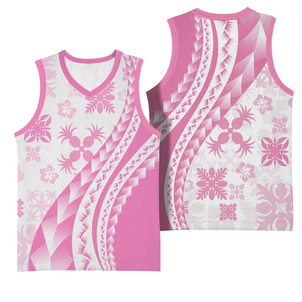 Pink Hawaiian Quilt Pattern Basketball Jersey Mixed Polynesian Tribal Arty LT9 - Polynesian Pride