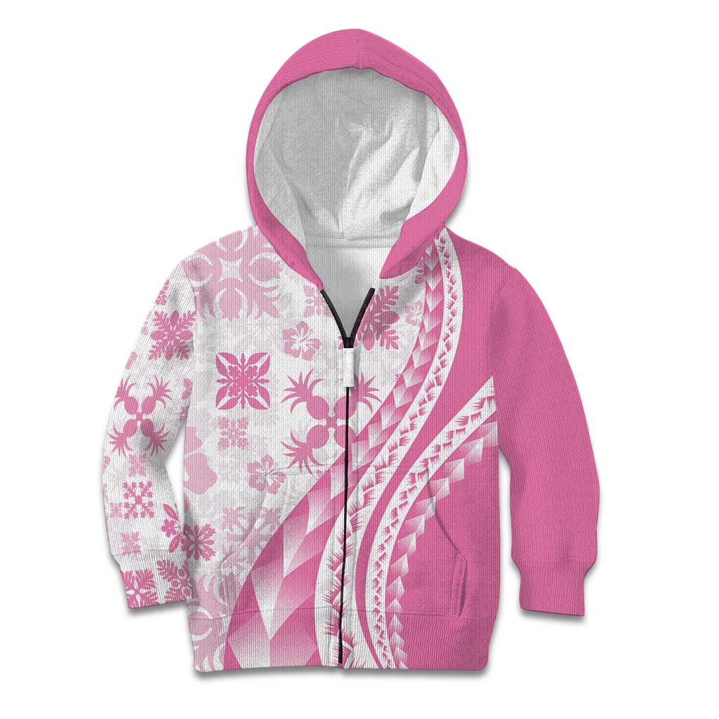 Pink Hawaiian Quilt Pattern Kid Hoodie Mixed Polynesian Tribal Arty LT9 Zip Hoodie Pink - Polynesian Pride