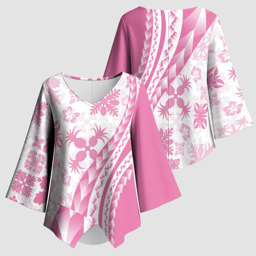 Pink Hawaiian Quilt Pattern Kimono Sleeve Blouse Mixed Polynesian Tribal Arty LT9 - Polynesian Pride
