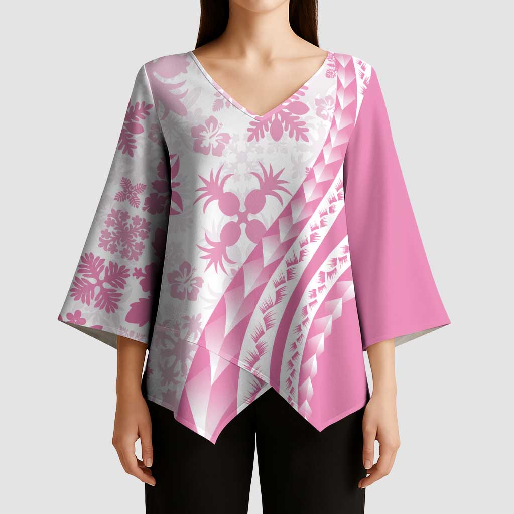 Pink Hawaiian Quilt Pattern Kimono Sleeve Blouse Mixed Polynesian Tribal Arty LT9 - Polynesian Pride