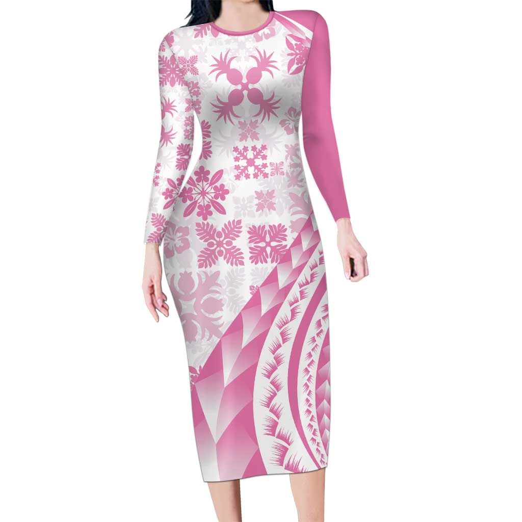 Pink Hawaiian Quilt Pattern Long Sleeve Bodycon Dress Mixed Polynesian Tribal Arty LT9 Long Dress Pink - Polynesian Pride