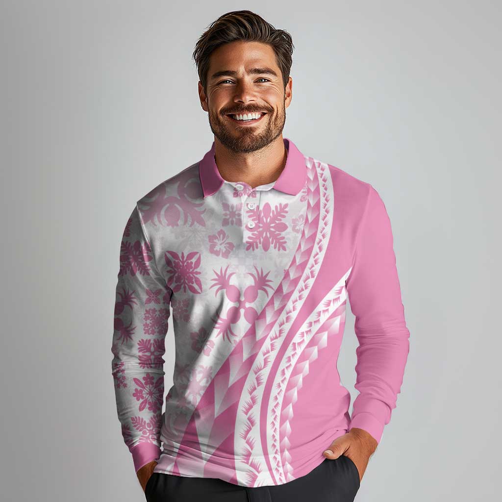 Pink Hawaiian Quilt Pattern Long Sleeve Polo Shirt Mixed Polynesian Tribal Arty LT9 - Polynesian Pride