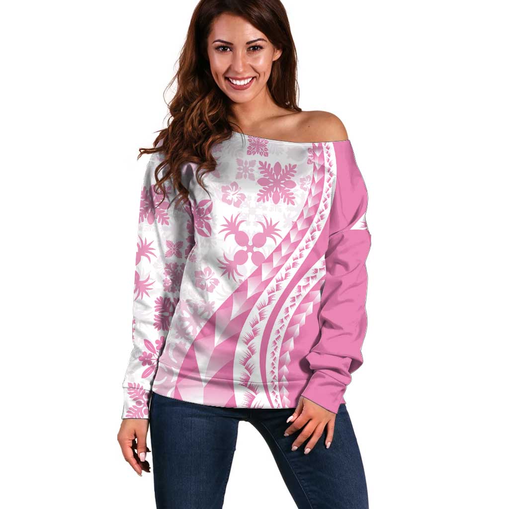 Pink Hawaiian Quilt Pattern Off Shoulder Sweater Mixed Polynesian Tribal Arty LT9 Women Pink - Polynesian Pride