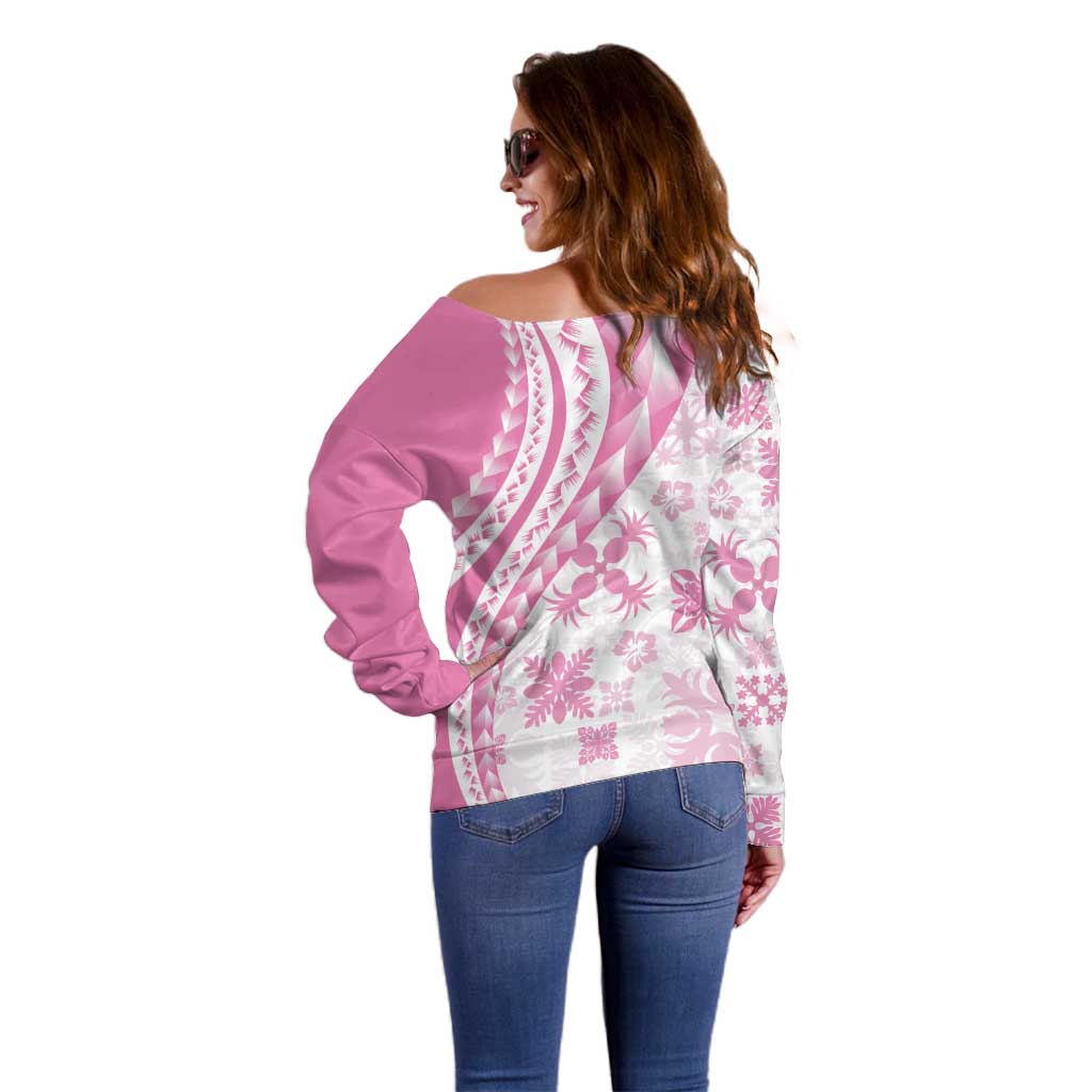 Pink Hawaiian Quilt Pattern Off Shoulder Sweater Mixed Polynesian Tribal Arty LT9 - Polynesian Pride