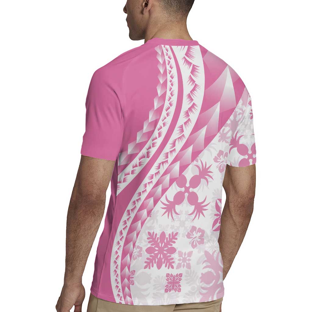 Pink Hawaiian Quilt Pattern Rugby Jersey Mixed Polynesian Tribal Arty LT9 - Polynesian Pride